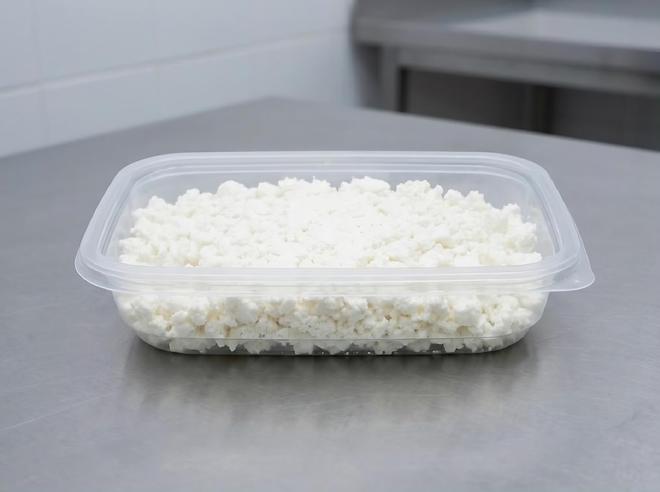 Flat clear plastic tray with cottage cheese on a packing table