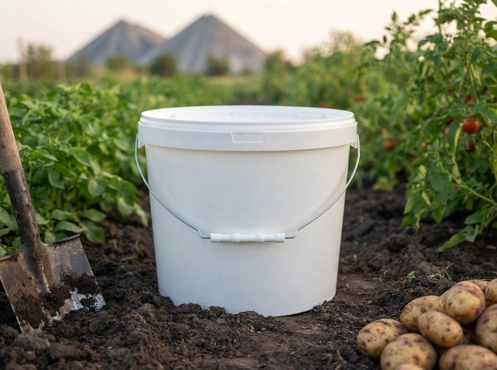 White 11.5 L plastic bucket with a metal bail handle, plastic grip, and lid in a vegetable garden near Shakhtinsk next to a pile of potatoes, with spoil heaps in the distance