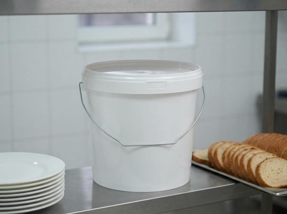 White 5.6 L plastic bucket with lid and metal bail handle on a steel shelf in a catering kitchen, next to a stack of white plates