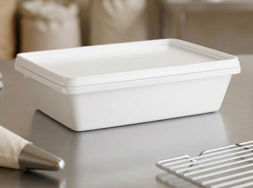 White 750 ml flat plastic tray with lid on a steel table in an Osh pastry kitchen, next to a piping bag