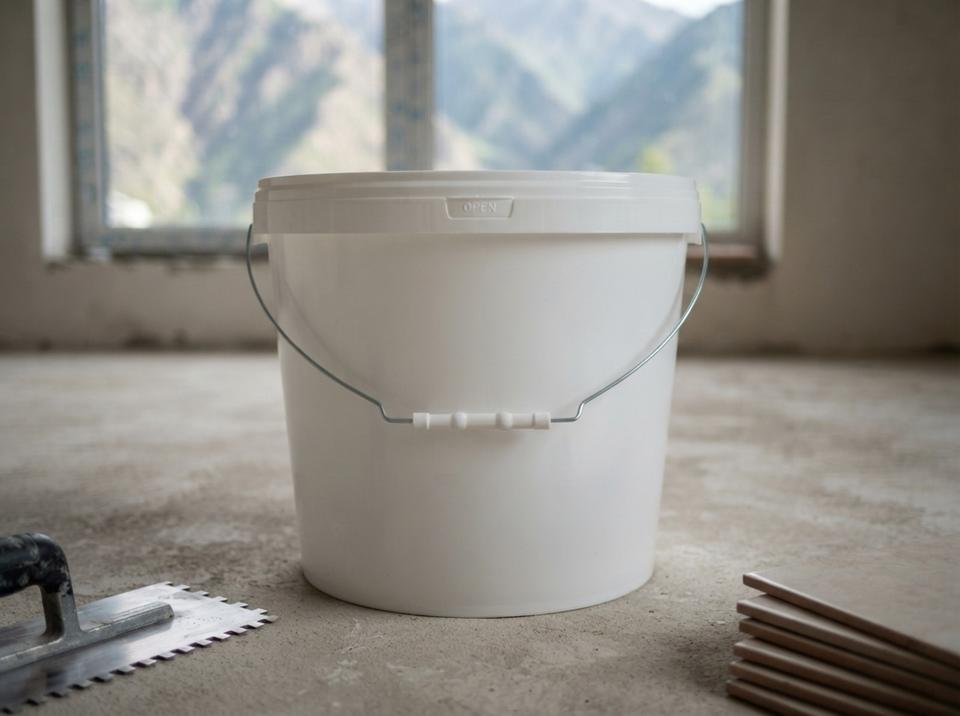 White 18 L plastic bucket with lid and metal bail handle with plastic grip on the concrete floor of an apartment under renovation, next to a stack of tiles