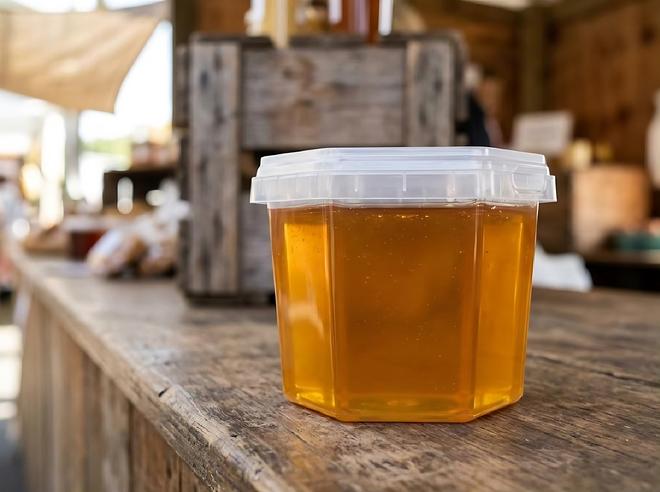 Hexagonal plastic container with honey on a wooden market counter