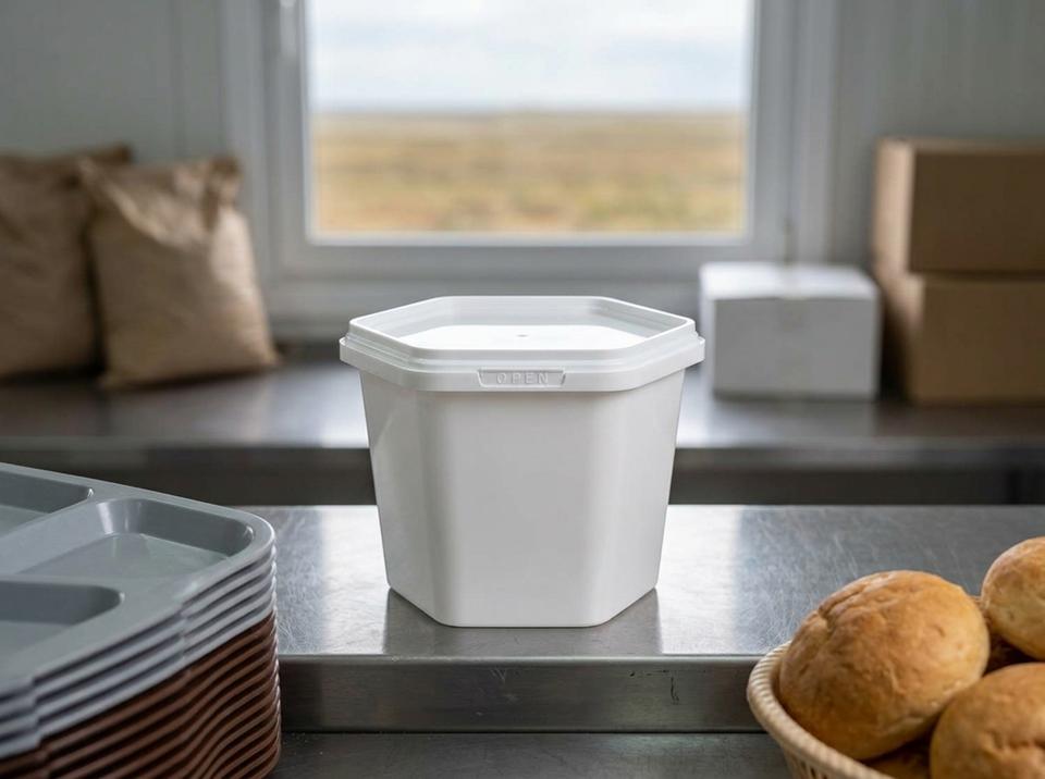 White 400 ml hexagonal plastic container with lid on the serving line of a work camp canteen in Aktobe Region