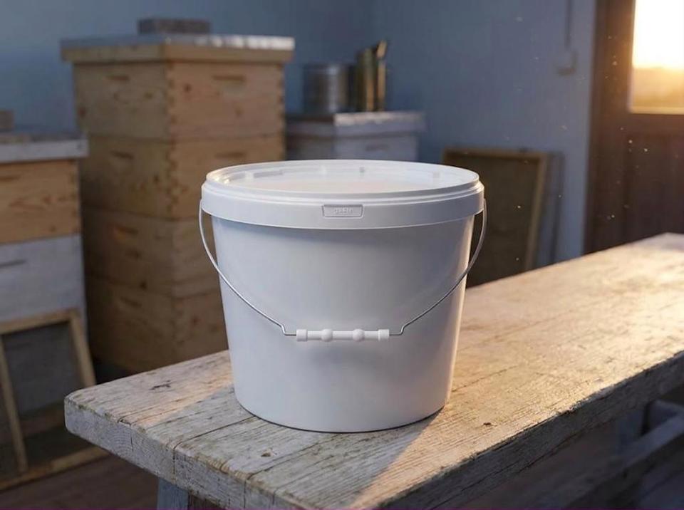 11.5 liter plastic bucket of honey in an apiary storeroom