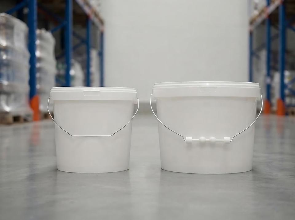 5.6 L and 8 L plastic buckets side by side in a warehouse