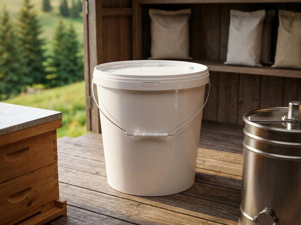 White 21 L plastic bucket with lid and metal bail handle on the plank floor of an apiary shed in the Altai foothills