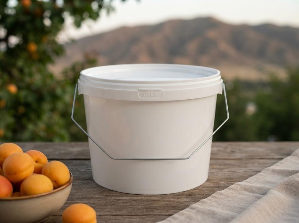 White 3 L plastic bucket with lid and metal bail handle on a wooden table in the shade of an apricot tree, next to a bowl of ripe apricots