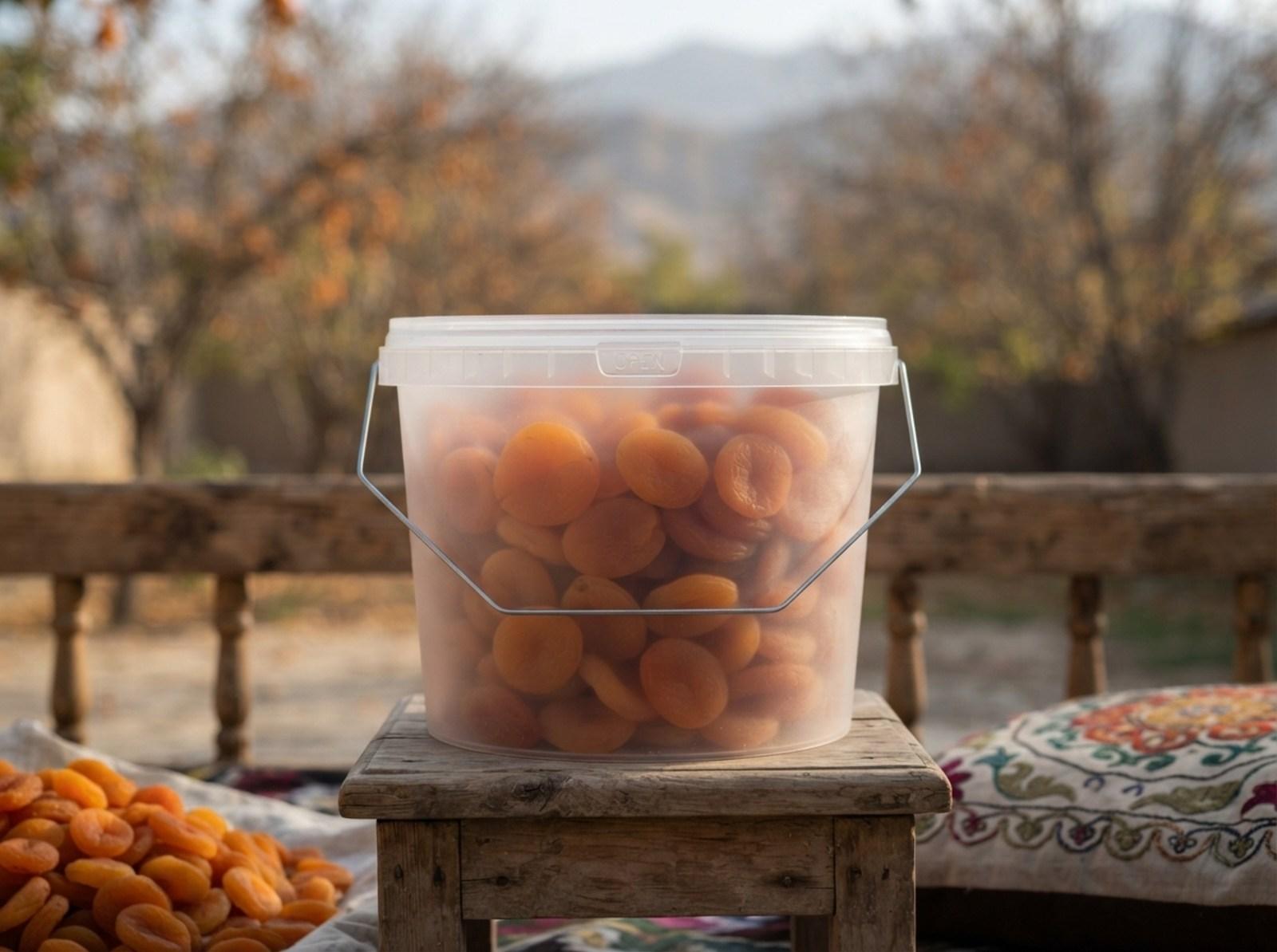 Clear 3 L plastic bucket with lid, filled with dried apricots, on a wooden topchan daybed in a Leilek District yard, next to an embroidered cushion