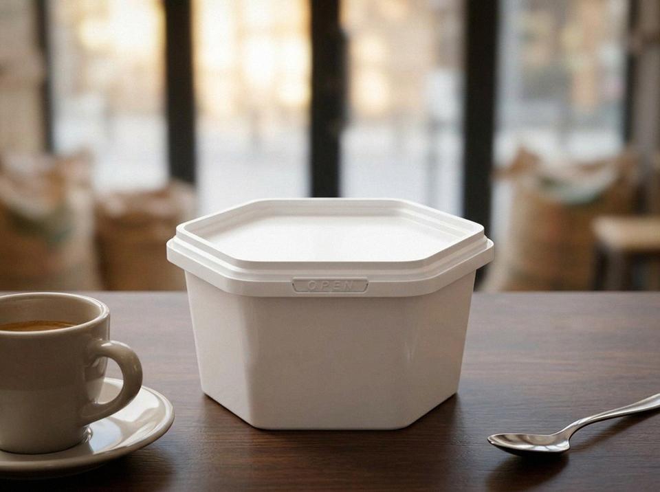 White 250 ml hexagonal plastic container with lid on a wooden coffee shop counter in Almaty, next to a cup of espresso