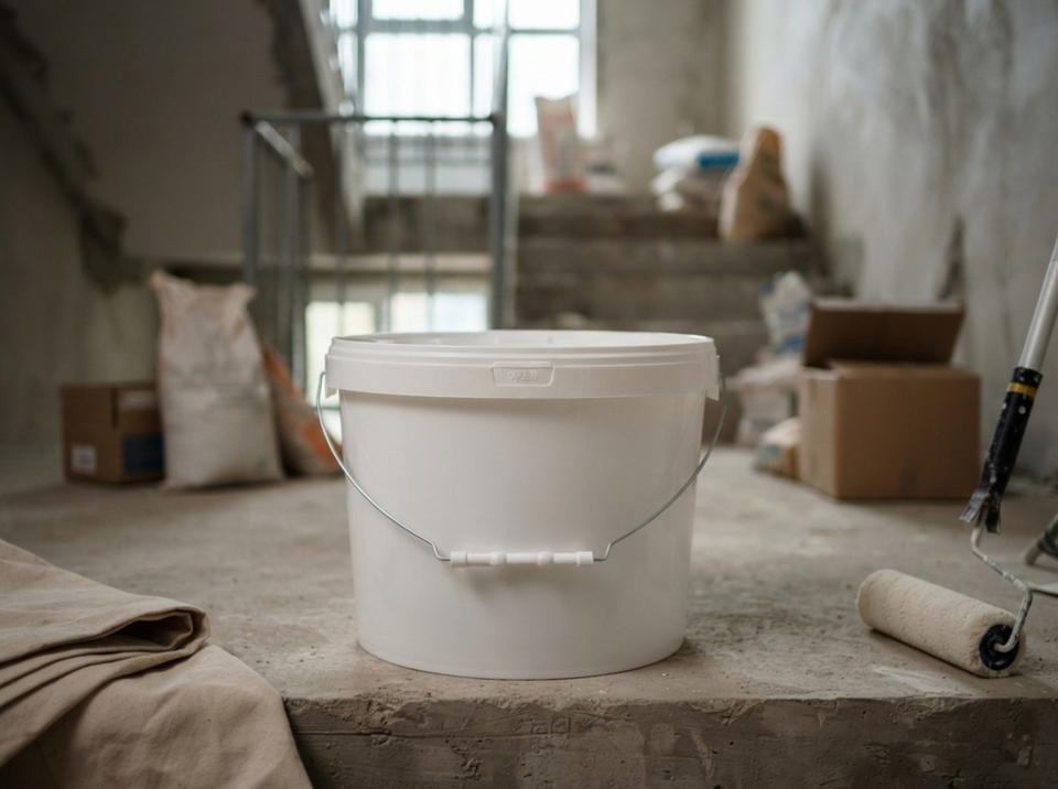 White 8 L plastic bucket with bail handle, plastic grip, and lid on a concrete stair step in a new building in Bishkek next to a paint roller