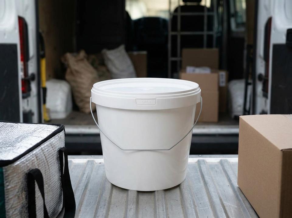 White 5.6 L plastic bucket with metal bail handle and lid on the ribbed floor of a delivery van in Bishkek next to a cardboard box