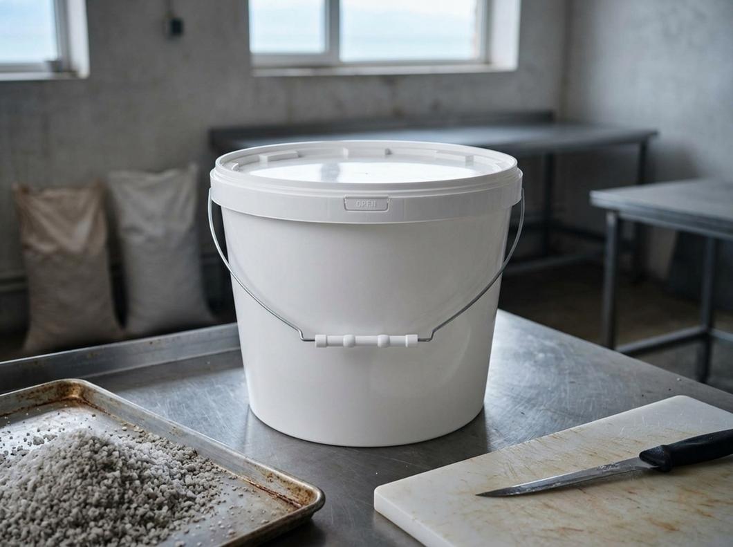 White 11.5 L plastic bucket with metal bail handle, plastic grip, and lid on a stainless steel table in a fish processing room next to a pile of coarse salt