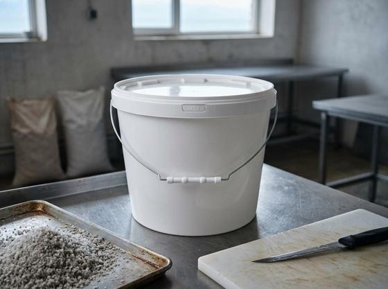 White 11.5 L plastic bucket with metal bail handle, plastic grip, and lid on a stainless steel table in a fish processing room next to a pile of coarse salt