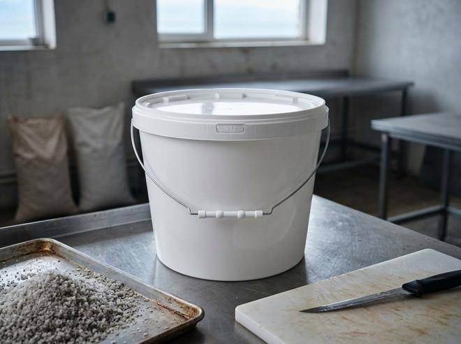 White 11.5 L plastic bucket with metal bail handle, plastic grip, and lid on a stainless steel table in a fish processing room next to a pile of coarse salt