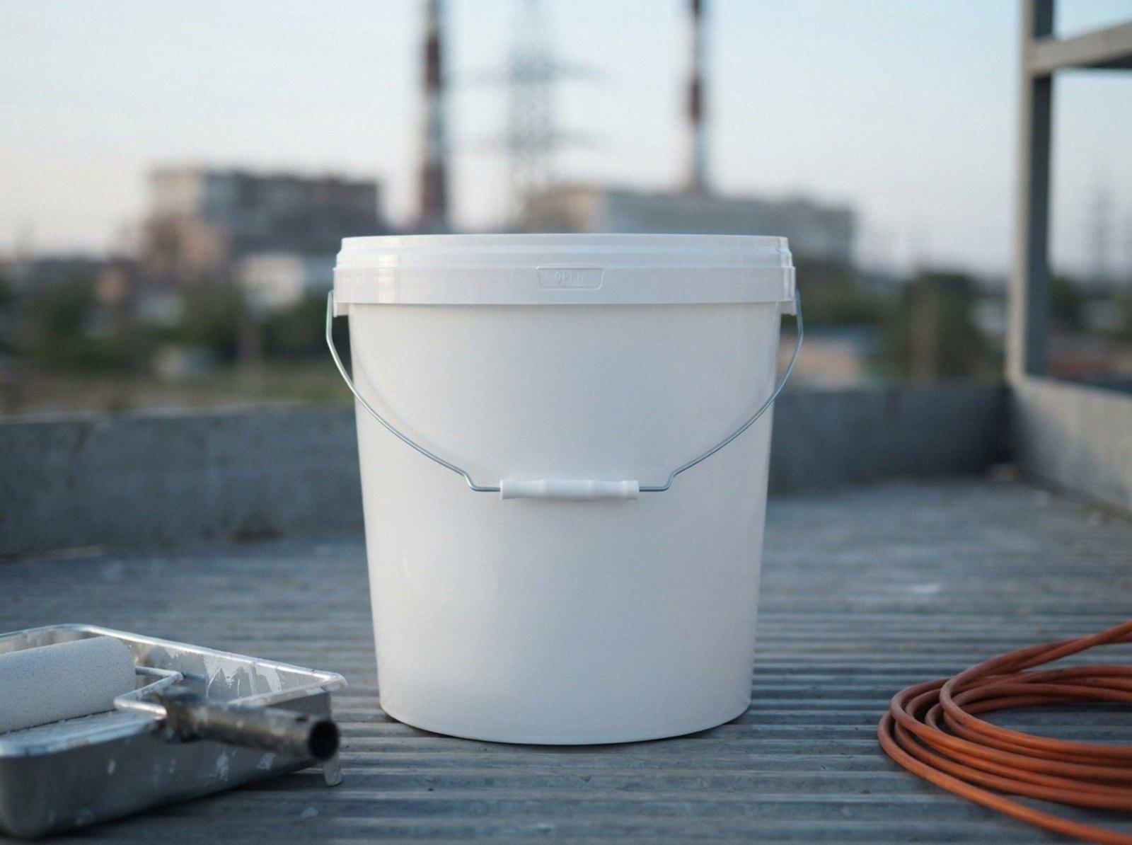 White 21 L plastic bucket with lid and metal bail handle on a metal platform by a power plant on the steppe, next to a paint roller