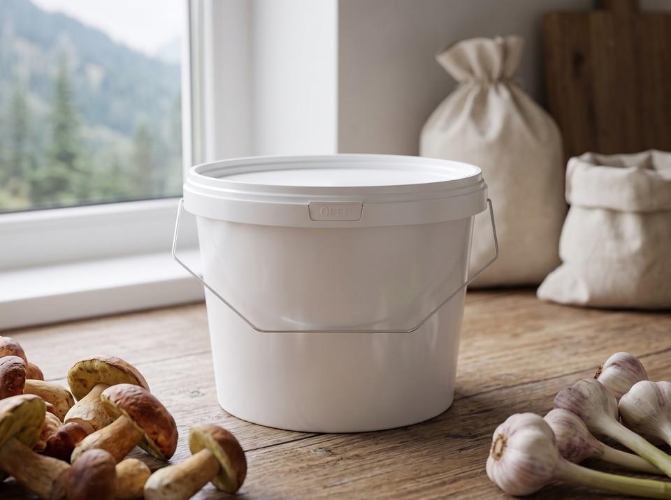 White 2.3 liter plastic bucket with lid and metal bail handle on a wooden kitchen worktop in Karakol next to a pile of wild mushrooms