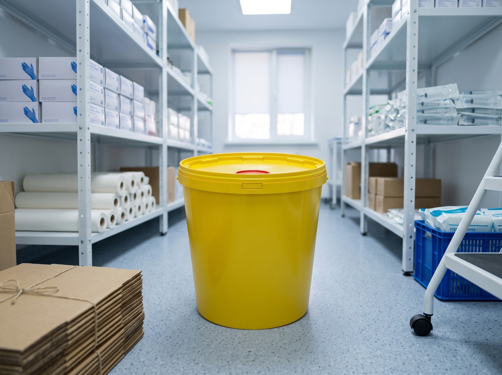 Yellow 21 liter medical waste bucket on the floor of a medical center storeroom