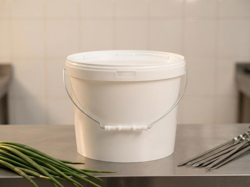 White 8 L plastic bucket with lid and metal bail handle with plastic grip on a steel table in a banquet hall kitchen next to skewers
