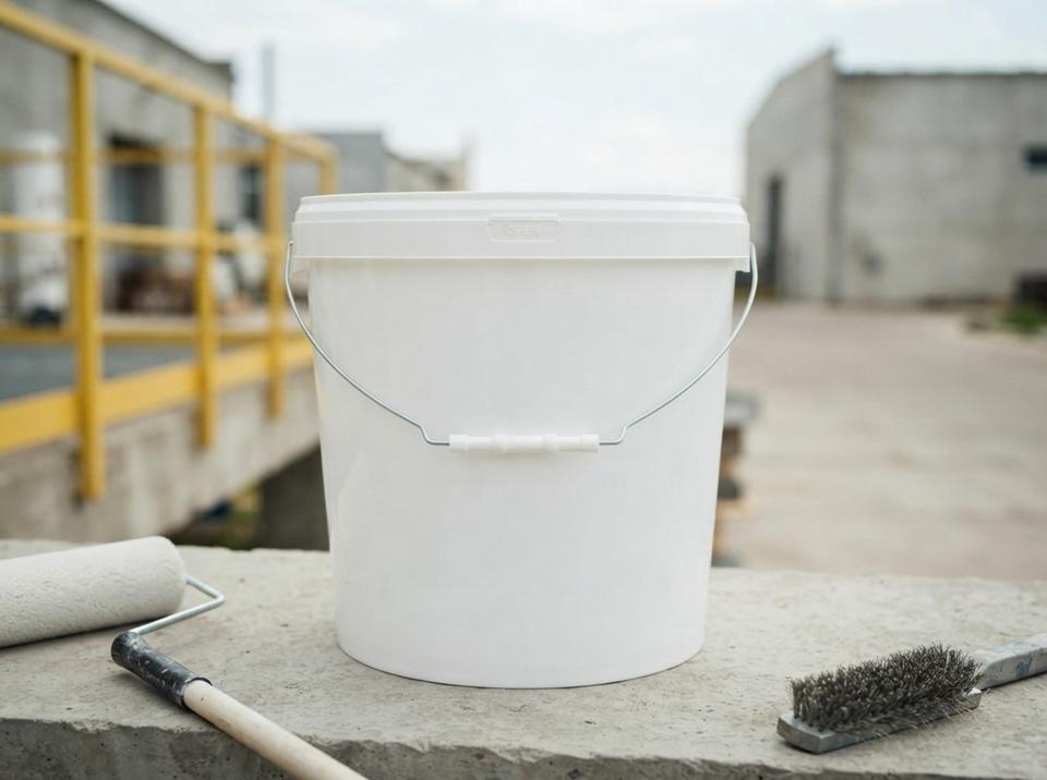 White 15 L plastic bucket with a lid and a metal bail handle with plastic grip on a concrete slab at an industrial site, a long-handled paint roller on the left, a steel brush on the right, a yellow fence and factory buildings behind