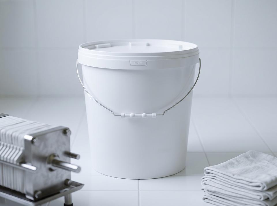 White 21 L plastic bucket with lid and metal bail handle with plastic grip on the tiled floor of an oil settling room next to a filter press