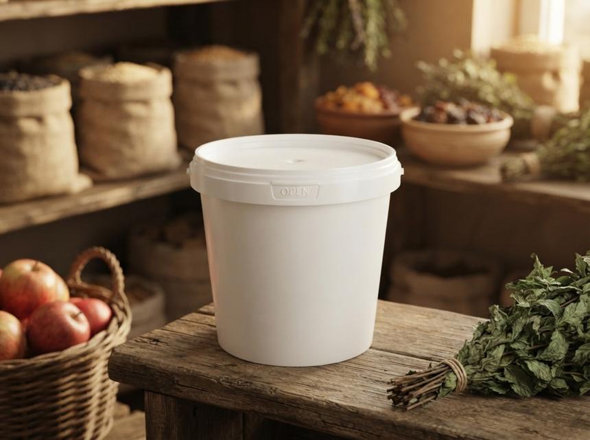 White 1 L plastic bucket with lid on a wooden shelf in a farm shop in Almaty next to a wicker basket of apples