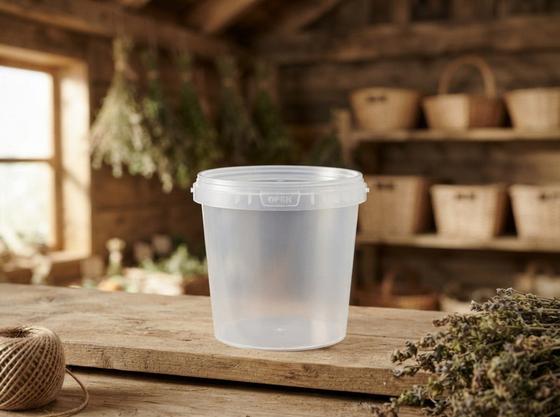 Clear 1 L plastic bucket with lid on a wooden shelf in a farm shop next to a bunch of dried herbs