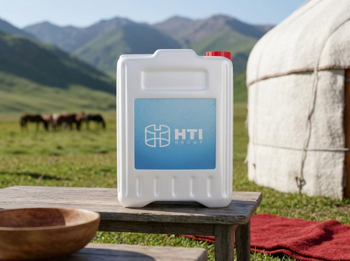White 5-liter plastic jerry can with a cap on a low wooden table by a yurt in the Suusamyr valley next to an empty wooden bowl