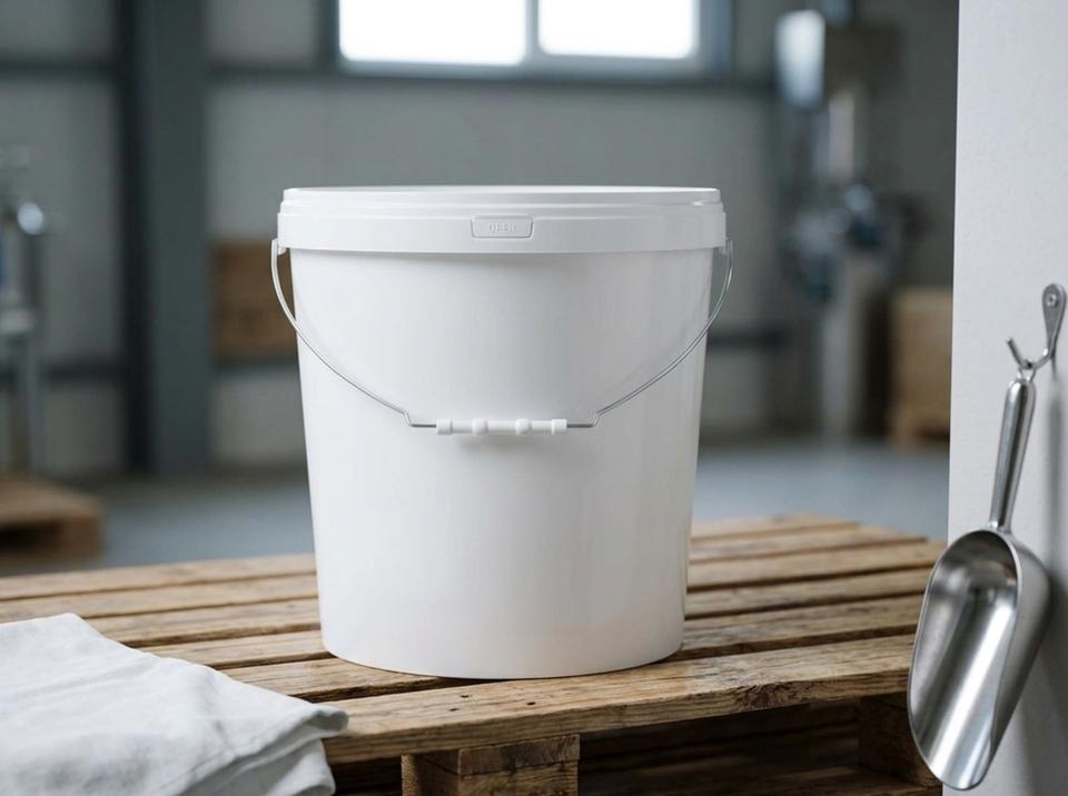 White 21 L plastic bucket with metal bail handle, plastic grip, and lid on a wooden pallet in a raw materials warehouse next to folded cotton cloth