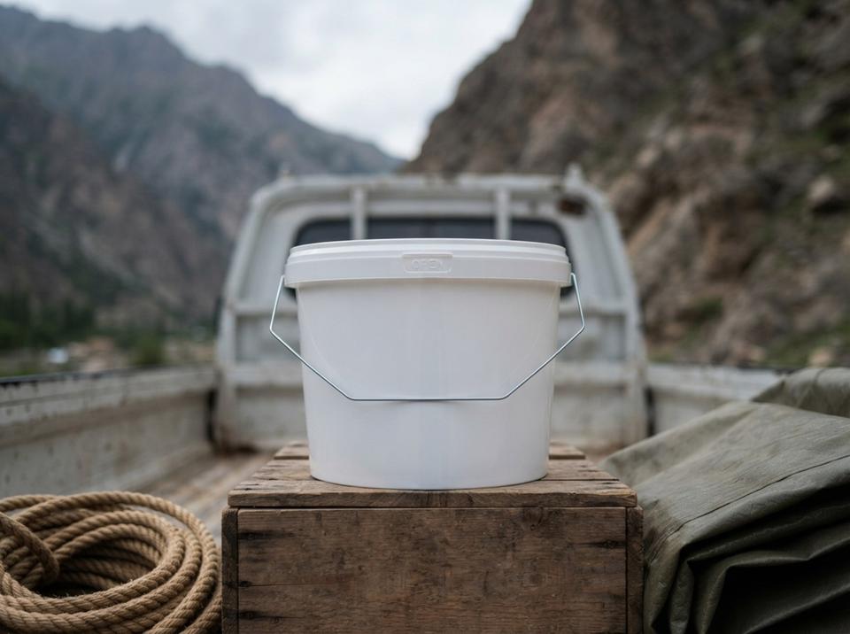 White 3 L plastic bucket with lid on a wooden crate in the back of a small truck on a mountain road near Naryn