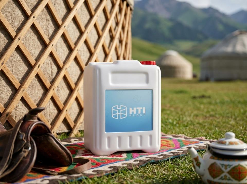 White 5 L plastic jerry can on a shyrdak felt rug by a yurt wall on a jailoo pasture, next to a horse saddle