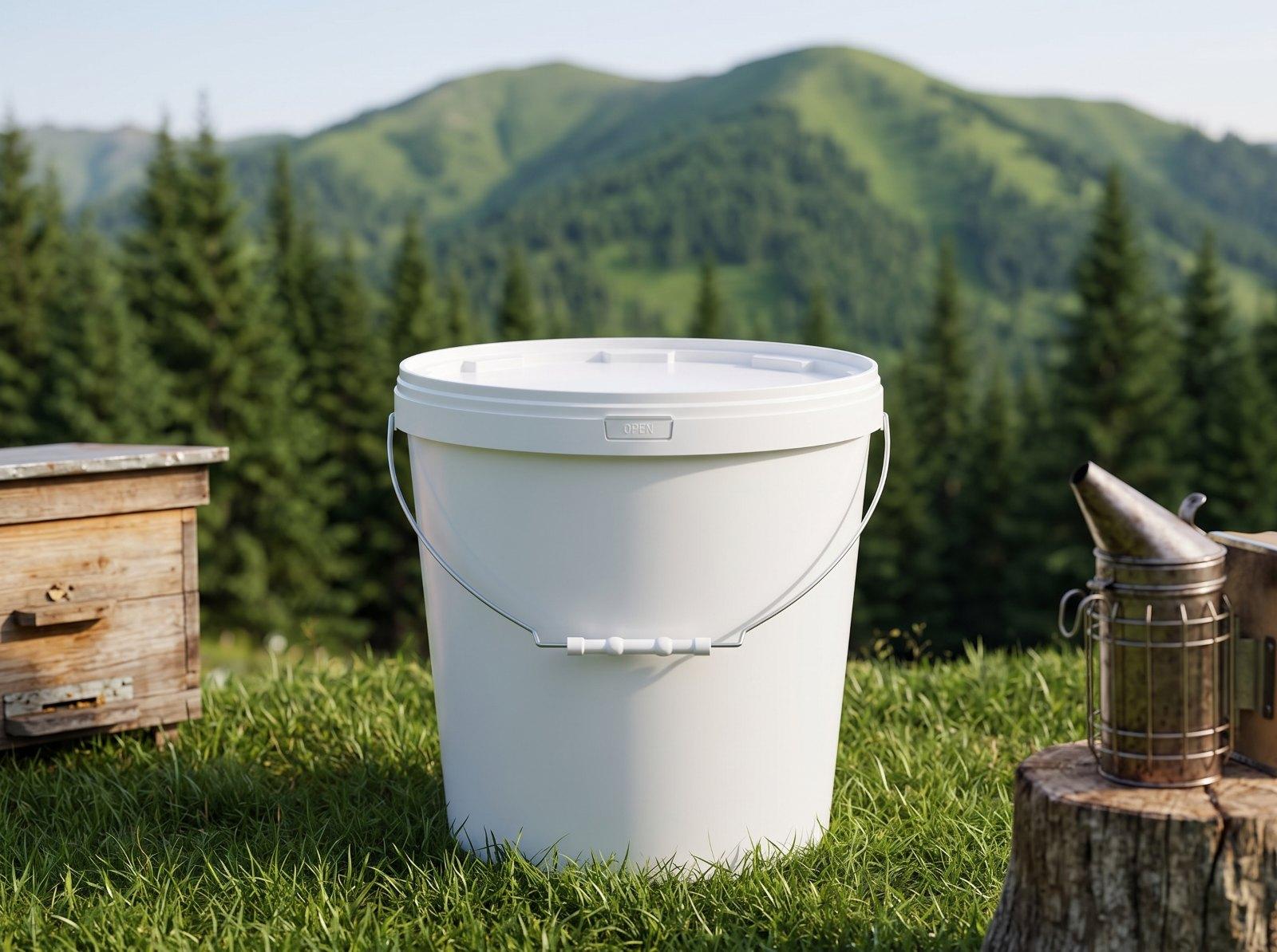White 21 L plastic bucket with lid and metal bail handle with plastic grip on the grass of a mountain apiary, a hive on the left, a bee smoker on a stump on the right, fir forest and Altai slopes behind