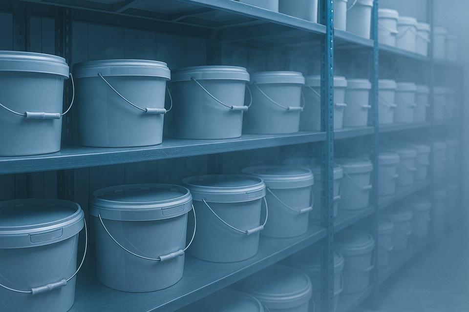 Plastic buckets on racks in a cold room
