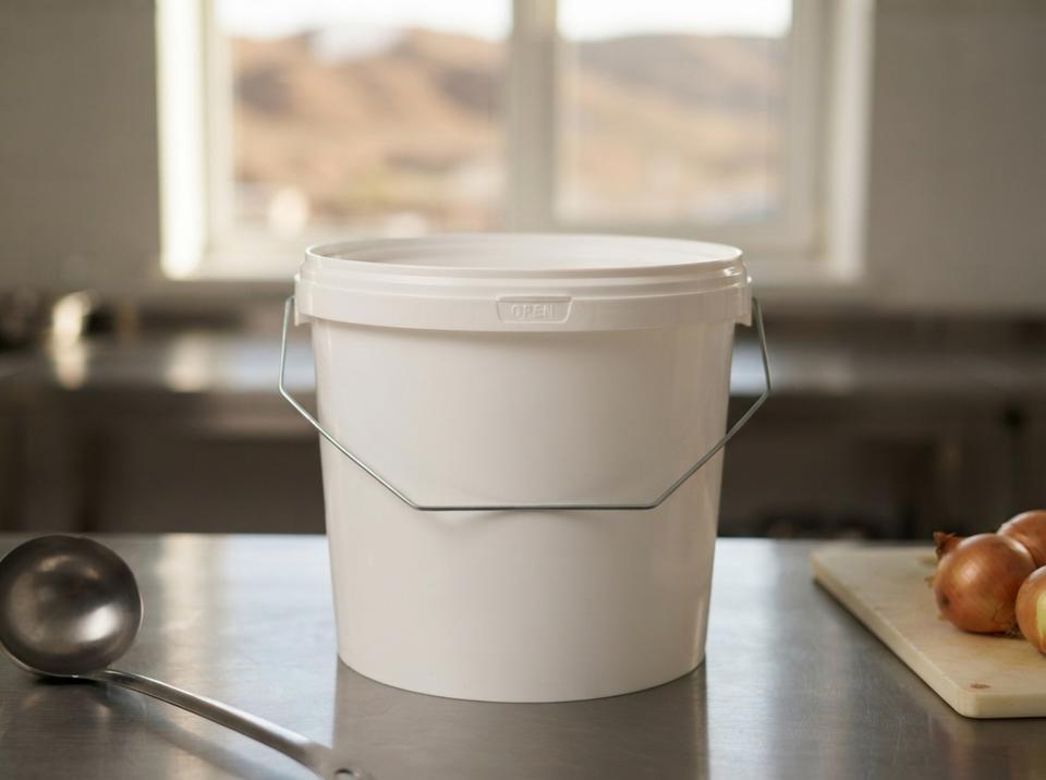 White 3.8 L plastic bucket with lid and metal bail handle on a steel counter in a workers' canteen kitchen, next to a ladle
