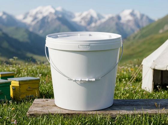 White 18 L plastic bucket with bail handle, plastic grip, and lid on a board by colorful beehives at a nomadic apiary in the Suusamyr Valley