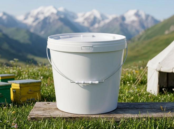 White 18 L plastic bucket with bail handle, plastic grip, and lid on a board by colorful beehives at a nomadic apiary in the Suusamyr Valley