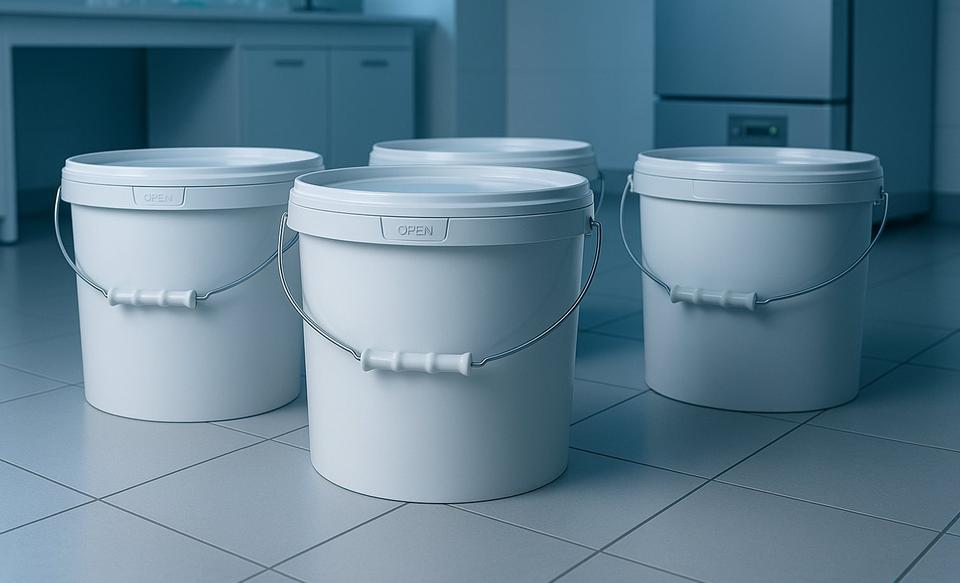 Three plastic buckets with lids on a lab floor