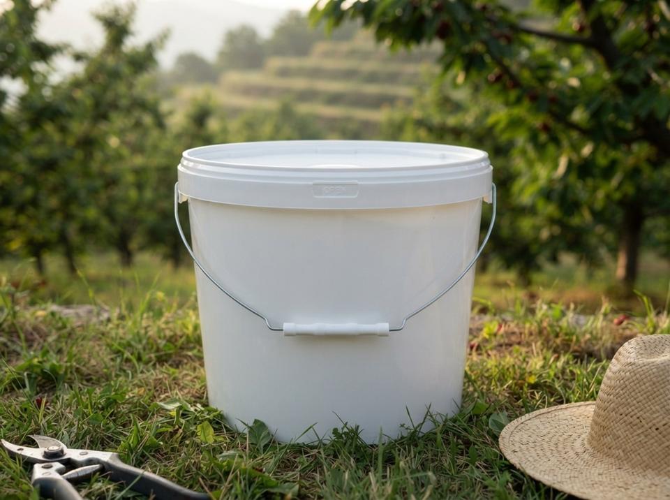 White 11.5 L plastic bucket with lid and metal bail handle with plastic grip, on the grass under a cherry tree in a mountain orchard, next to pruning shears