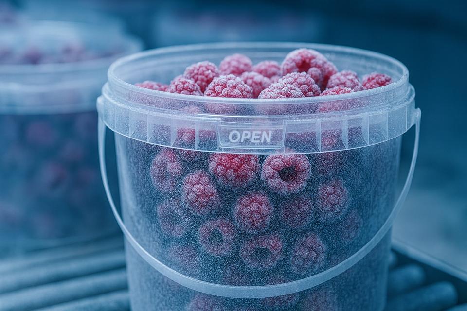 Close-up of a clear bucket of berries with an OPEN tamper-evident tear strip