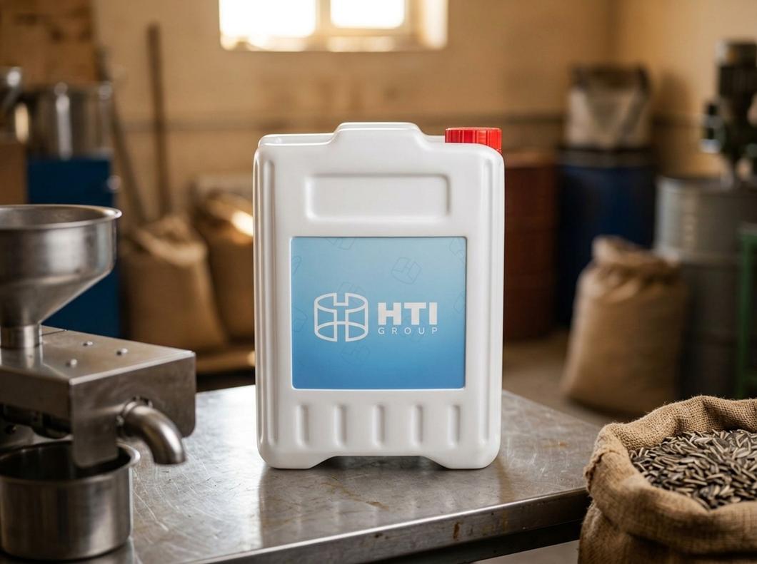 White 5-liter plastic jerry can with a cap on the steel table of an oil mill next to a sack of sunflower seeds