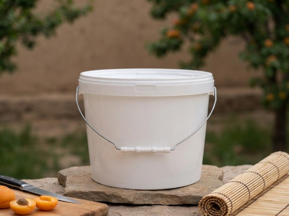 White 8 L plastic bucket with lid and metal bail handle with plastic grip on a flat stone in a yard, next to a board of halved apricots