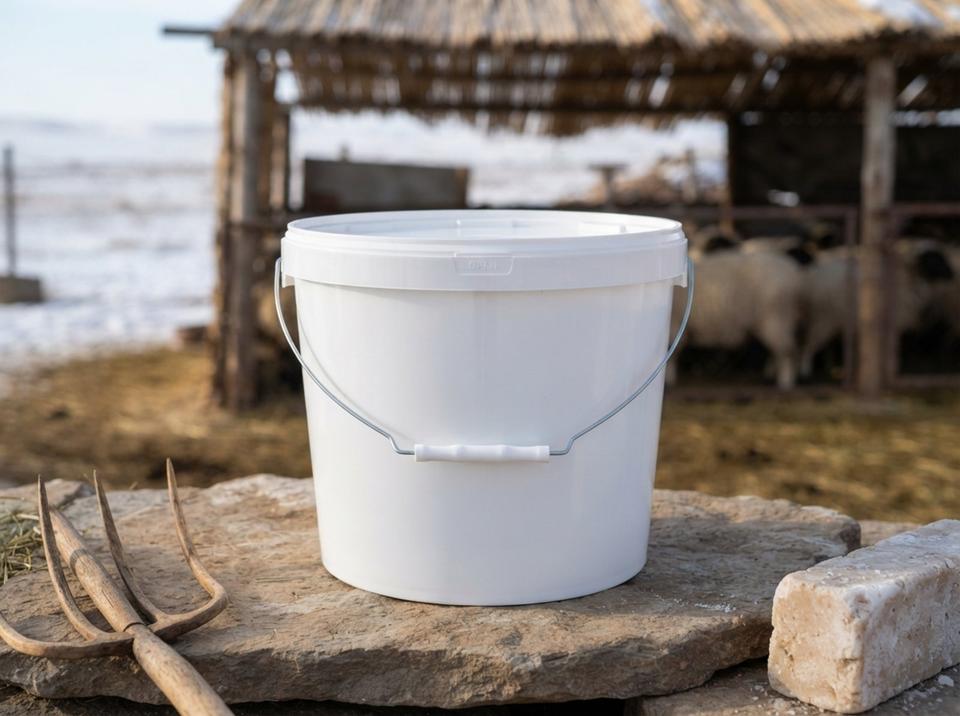 White 11.5 L plastic bucket with lid and metal bail handle with plastic grip on a stone slab by the pen of a steppe winter camp, a pitchfork on the left, a salt lick block on the right, and snowy steppe behind