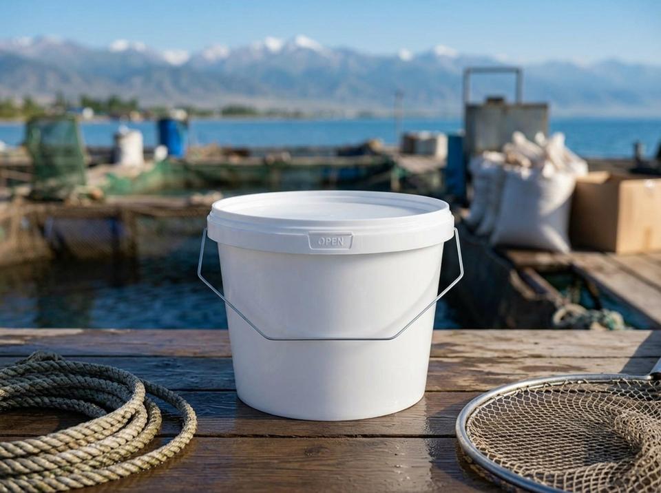 White 2.3 L plastic bucket with metal bail handle and lid on a wet wooden pier at a fish farm on Issyk-Kul