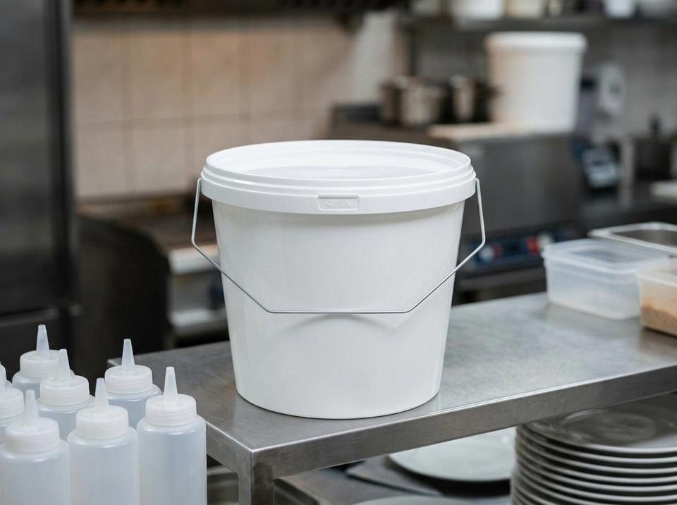 餐厅后厨不锈钢货架上的 3.8 升白色带盖塑料桶，旁边是几只空挤酱瓶