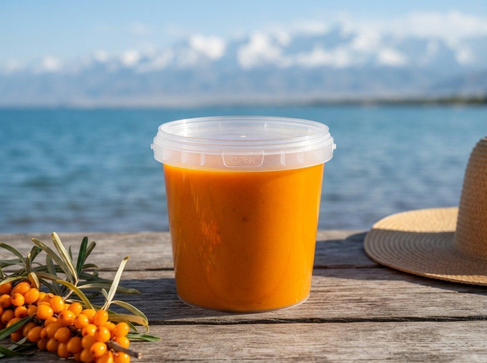 Clear 1 L plastic bucket with lid holding sea buckthorn puree on a wooden table on the shore of Issyk-Kul, next to a sea buckthorn branch, with snowy peaks behind
