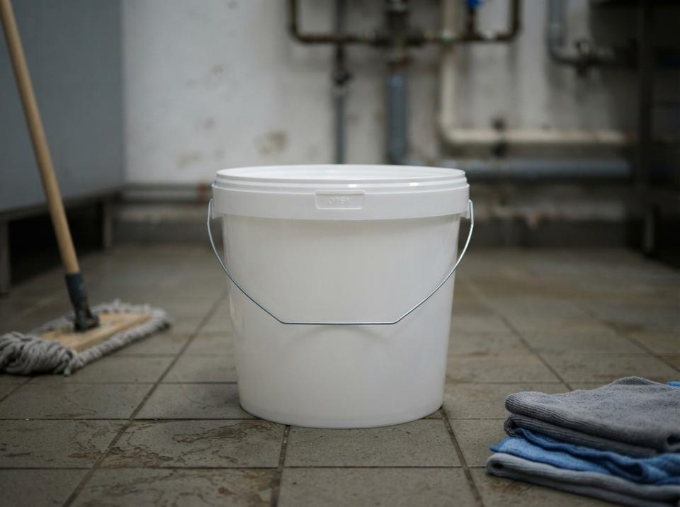 White 5.6 L plastic bucket with a lid and a metal bail handle on the tiled floor of a plant utility room, a mop on the left, a stack of microfiber cloths on the right, a wall with pipes behind