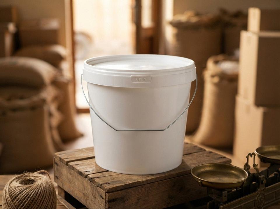 5.6 升白色带盖塑料桶，配金属提手，放在奥什一家批发库房的木箱上，旁边是一卷黄麻绳