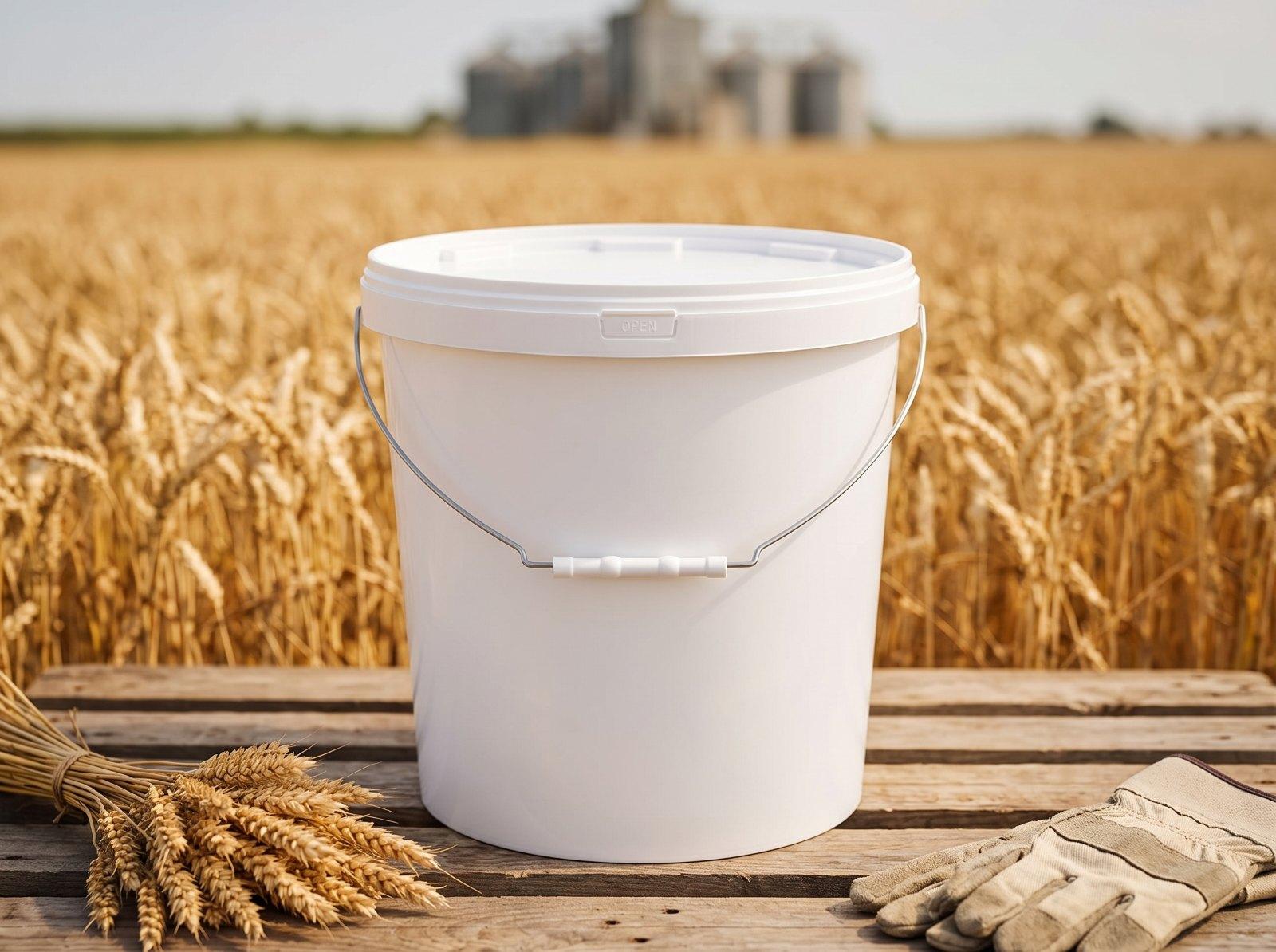 White 15 L plastic bucket with lid and metal bail handle with plastic grip on a wooden pallet at the edge of a wheat field, a bunch of wheat ears on the left, work gloves on the right, and a grain elevator in the distance