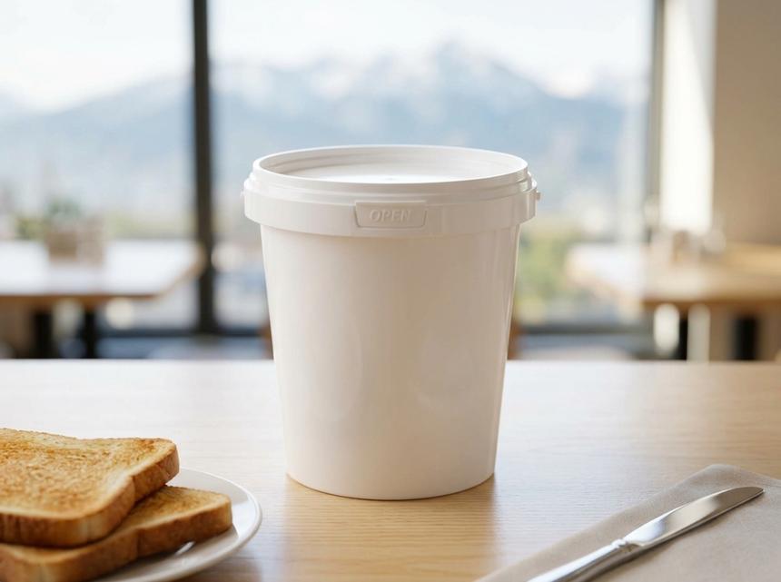White 850 ml plastic bucket with lid on a wooden table at a breakfast cafe in Almaty, next to a plate of toast