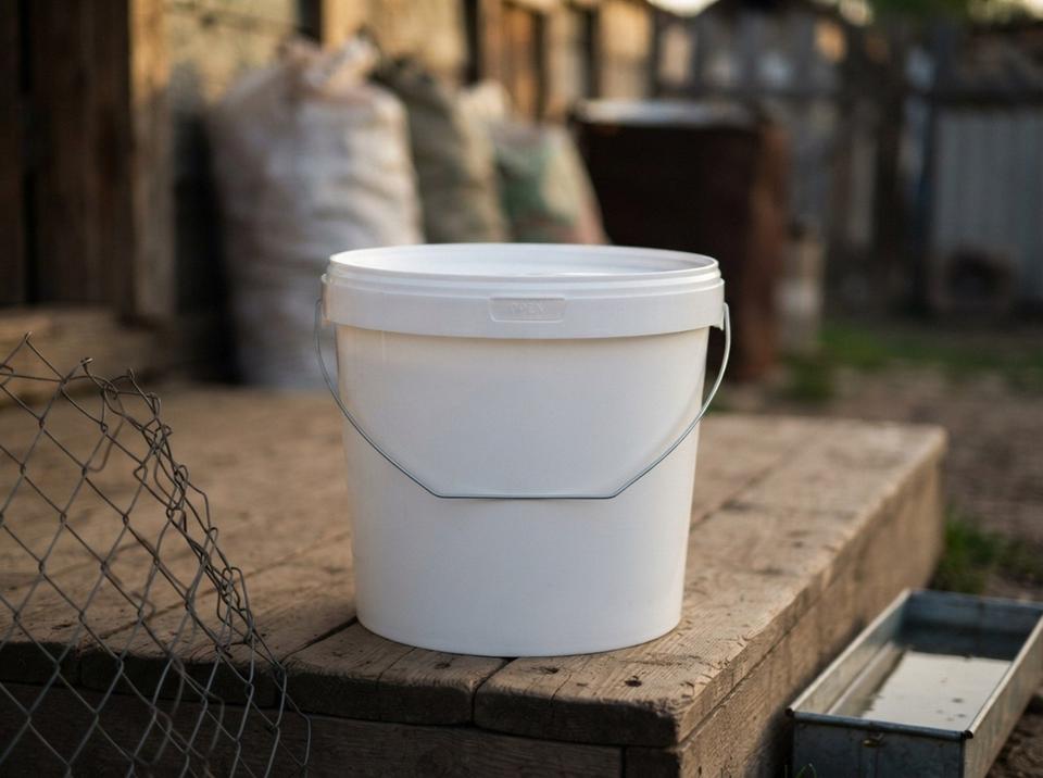 White 5.6 L plastic bucket with metal bail handle on the doorstep of a poultry house in a village yard near Naryn