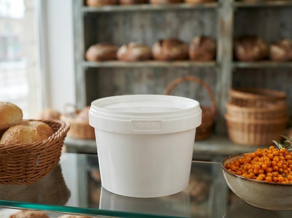 White 560 ml plastic bucket with lid on a glass shop counter in Karakol next to a bowl of sea buckthorn